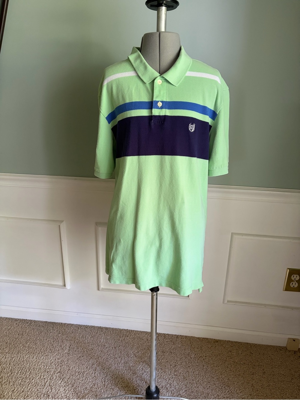 Chaps Men’s Mint Green Polo with Navy and Blue Chest Stripes - Size Medium